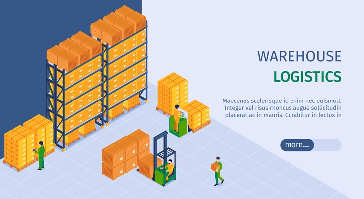 Logistics warehouse service landing page  isometric horizontal web banner with storage facility loader lift workers vector illustration