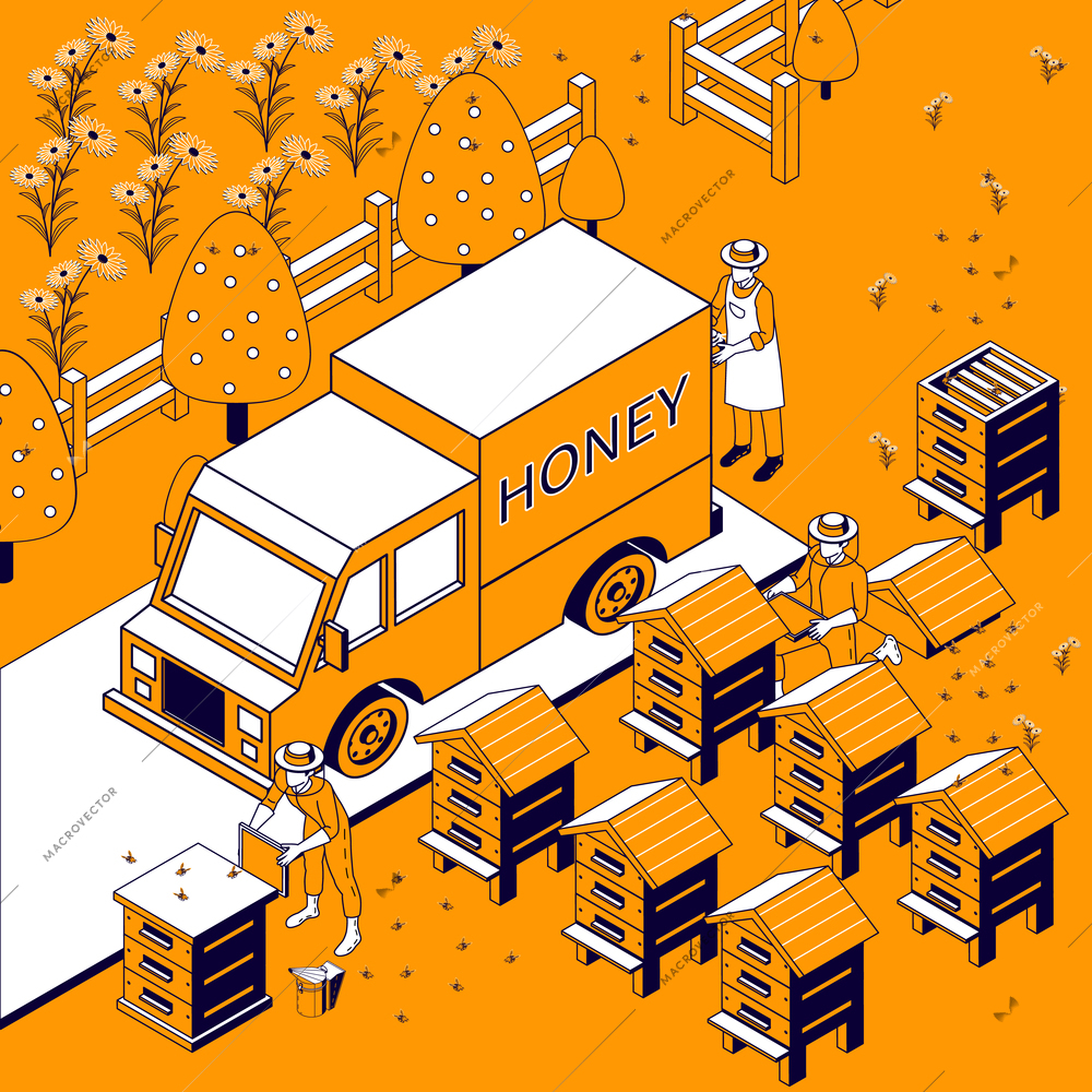 Beekeeping isometric composition with view of beegarden with honey truck and characters of beekeepers collecting honeycombs vector illustration