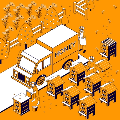 Beekeeping isometric composition with view of beegarden with honey truck and characters of beekeepers collecting honeycombs vector illustration