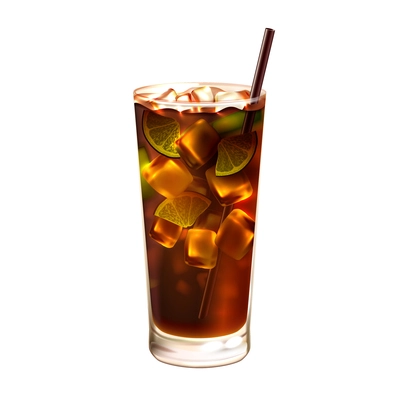 Long island ice tea realistic cocktail in glass with drinking straw isolated on white background vector illustration