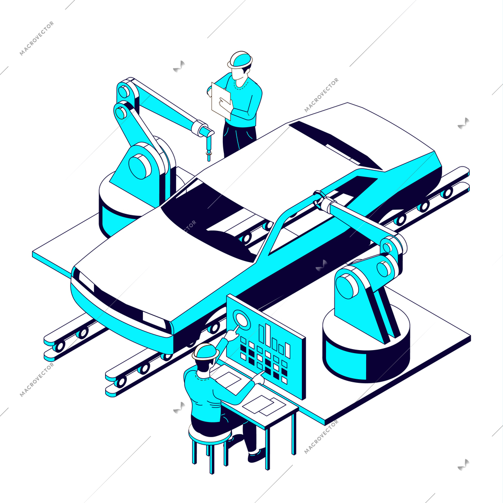 Car parts production isometric set with human character of worker operating arm manipulators assembling car body vector illustration