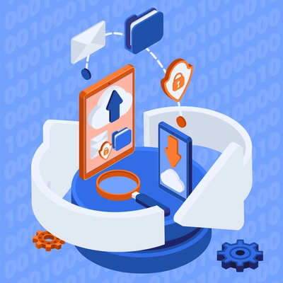 Flowchart illustrating search and transmission of big data between digital devices isometric vector illustration