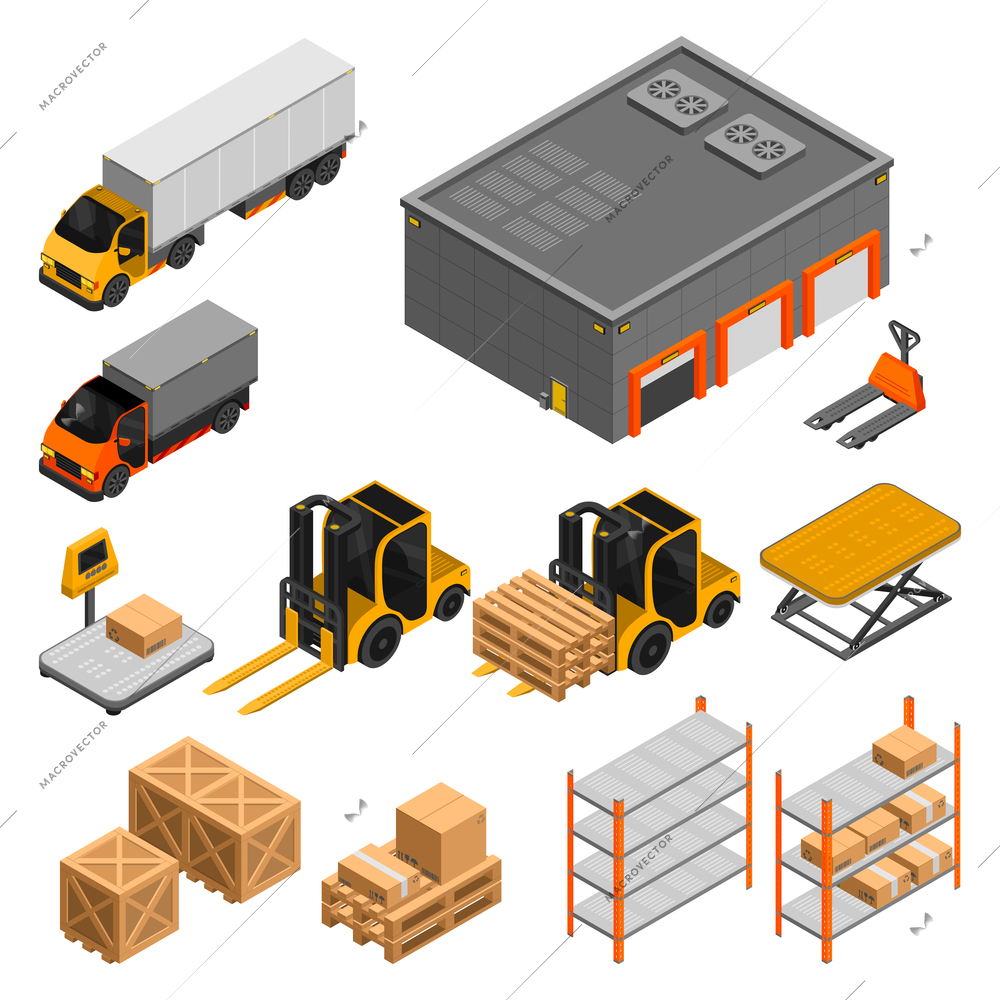 Set of isolated items related to the warehouse shelves with boxes forklift trucks scales vector isometric illustration