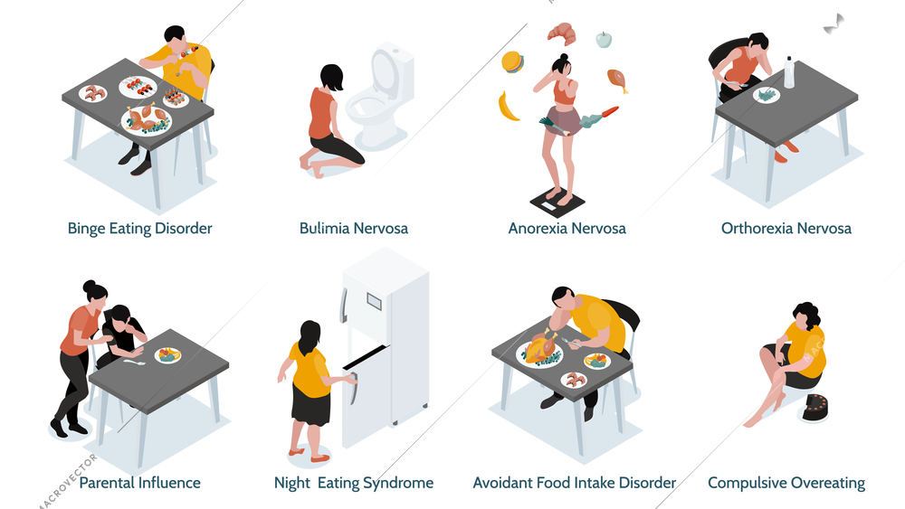 Isometric gluttony design concept with text captions and human characters with intestinal issues and feeding problems vector illustration