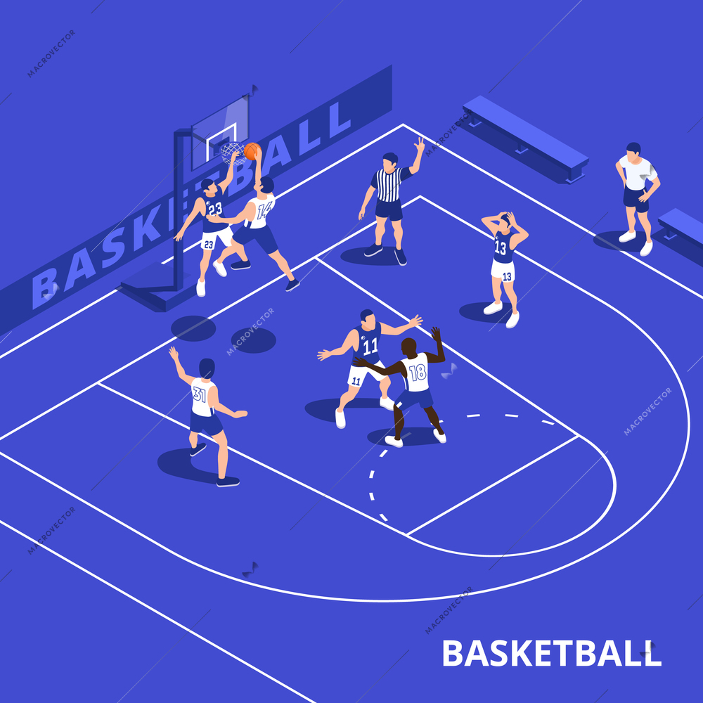 Basketball isometric composition with text and view of blue hardwood with running jumping players during game vector illustration