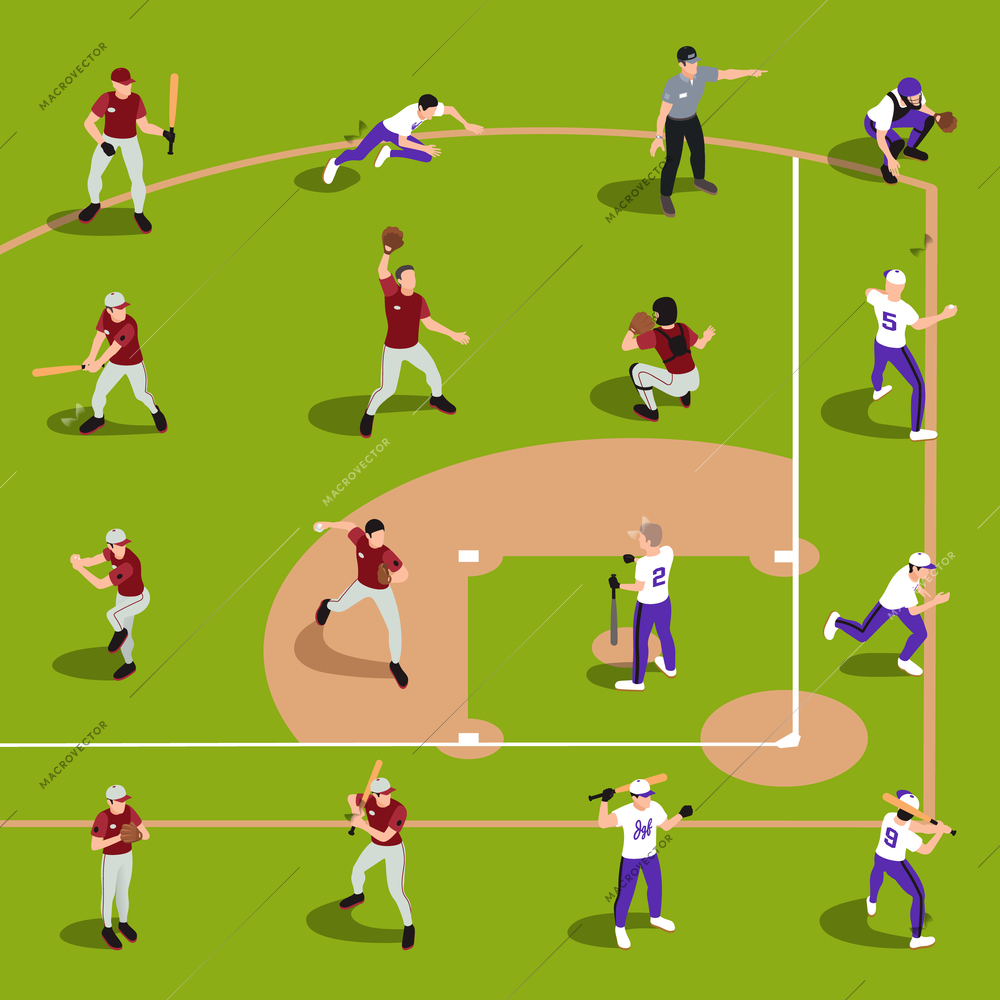 Baseball isometric composition with set of isolated characters of players and referee on ball field background vector illustration