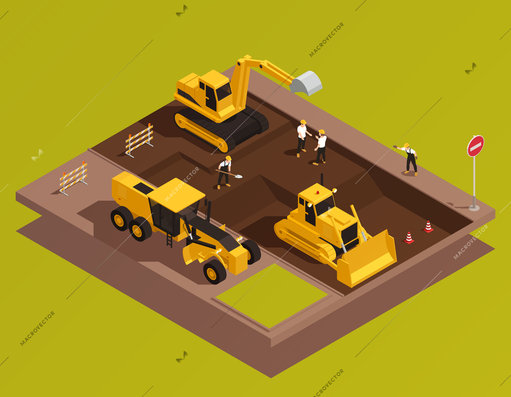 Road construction isometric composition with view of area with digging excavator bulldozer traffic cones and workers vector illustration