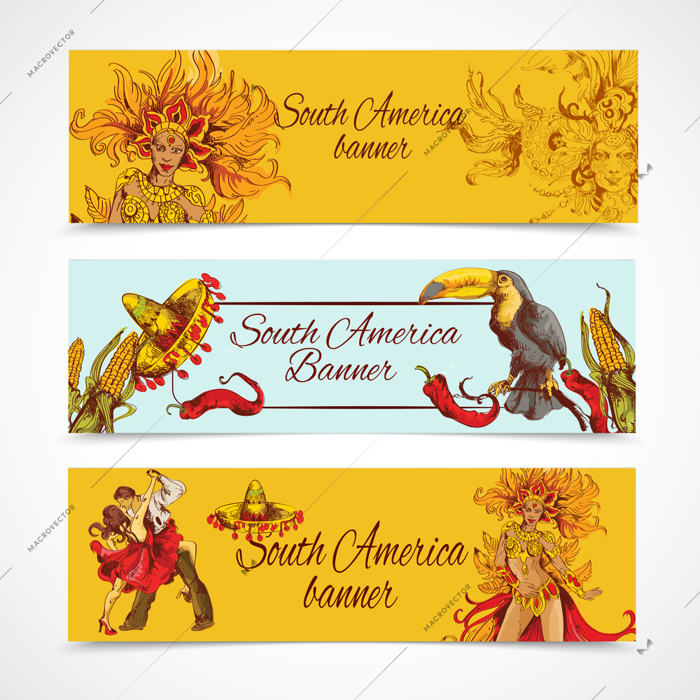 South america colored hand drawn banners set with travel symbols isolated vector illustration