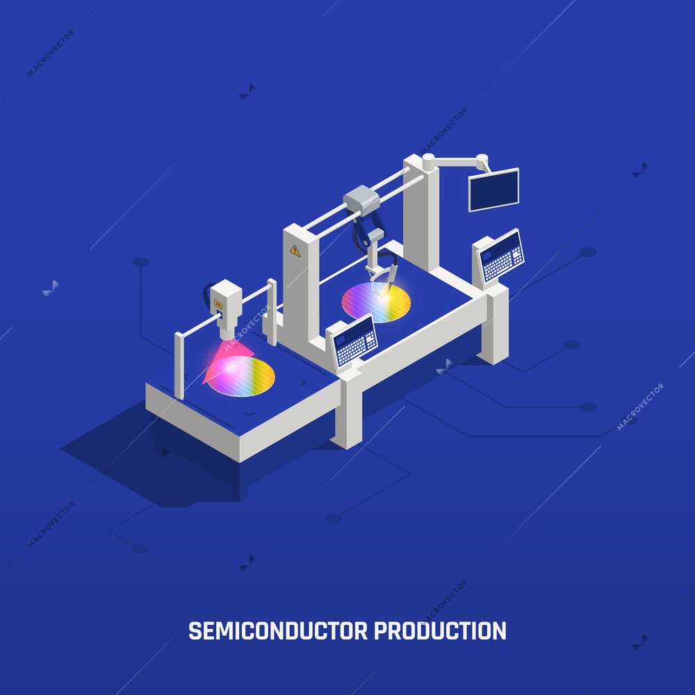 Semiconductor chip production isometric composition with text and image of work station with screens and lasers vector illustration