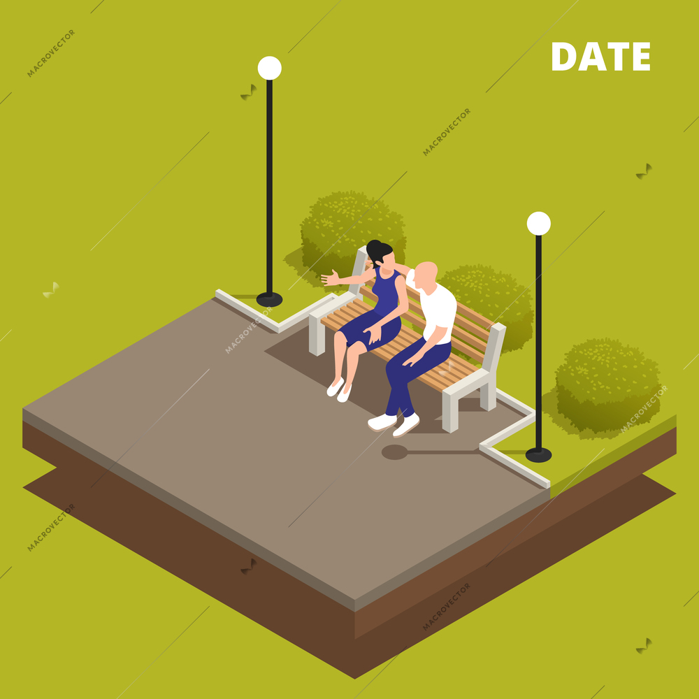 Sitting people isometric composition with view of city park with lamp posts and couple on bench vector illustration