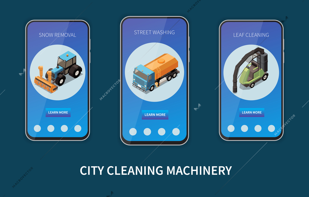 City cleaning machinery info app 3 smartphone screens with street washer snow leaves removers isometric vector illustration