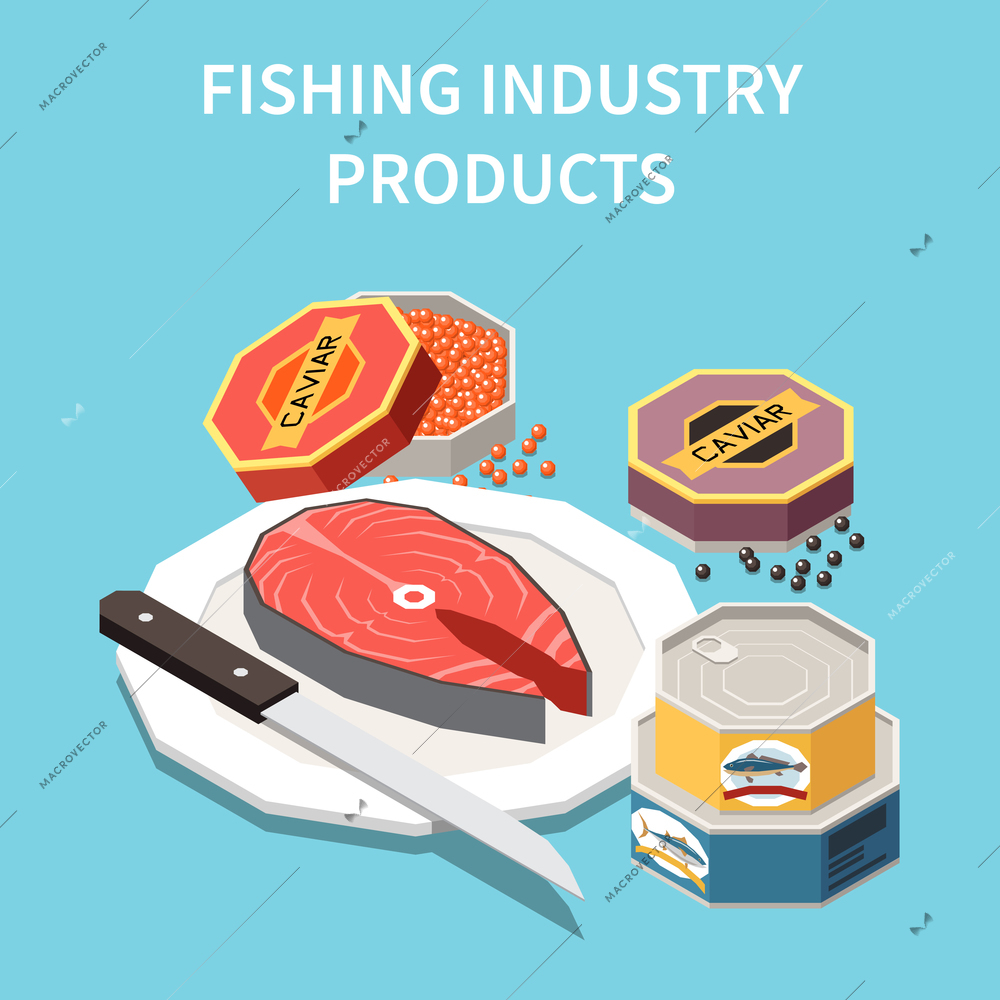 Industrial aquaculture fishing seafood production isometric advertising background poster with canned tinned salmon fish caviar vector illustration