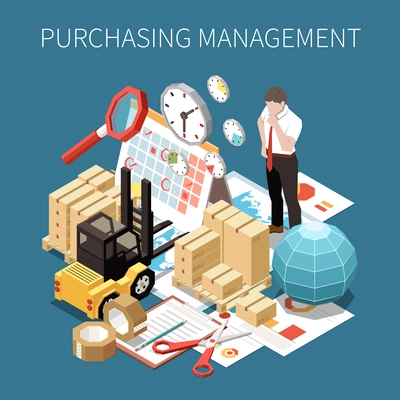 Procurement management isometric composition with supply chain manager surrounded by ordered goods plans delivery date vector illustration