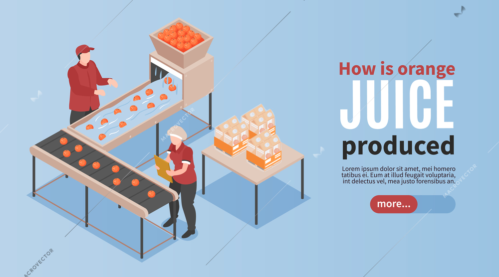 Isometric juice production horizontal banner with editable text more button and conveyor with workers sorting fruits vector illustration