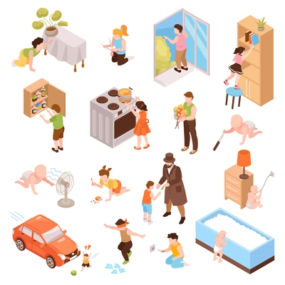 Isometric children danger safety set of isolated icons with characters of kids in near accident situations vector illustration