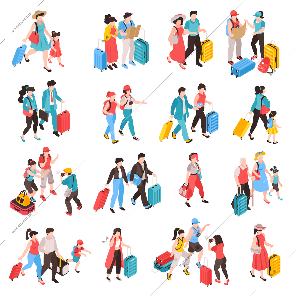 Isometric travel people set of isolated icons with human characters of tourists departing and arrived passengers vector illustration