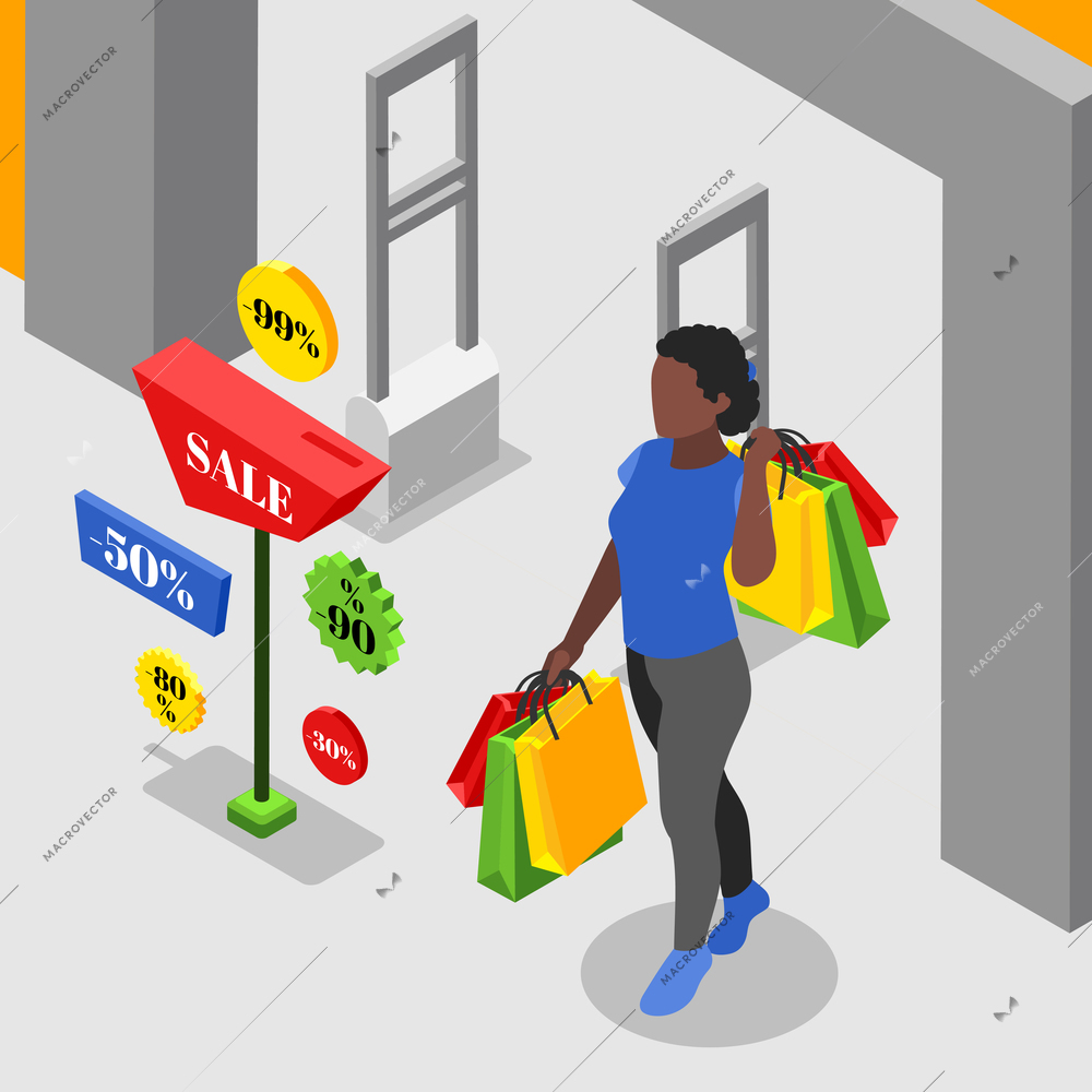 Black friday isometric composition with black woman leaving store with lot of shopping bags vector illustration