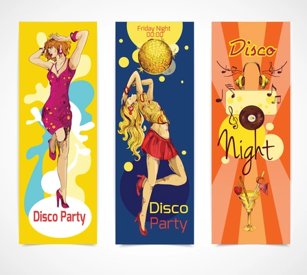 Disco party colored sketch vertical banners set with young sexy dancing girls isolated vector illustration