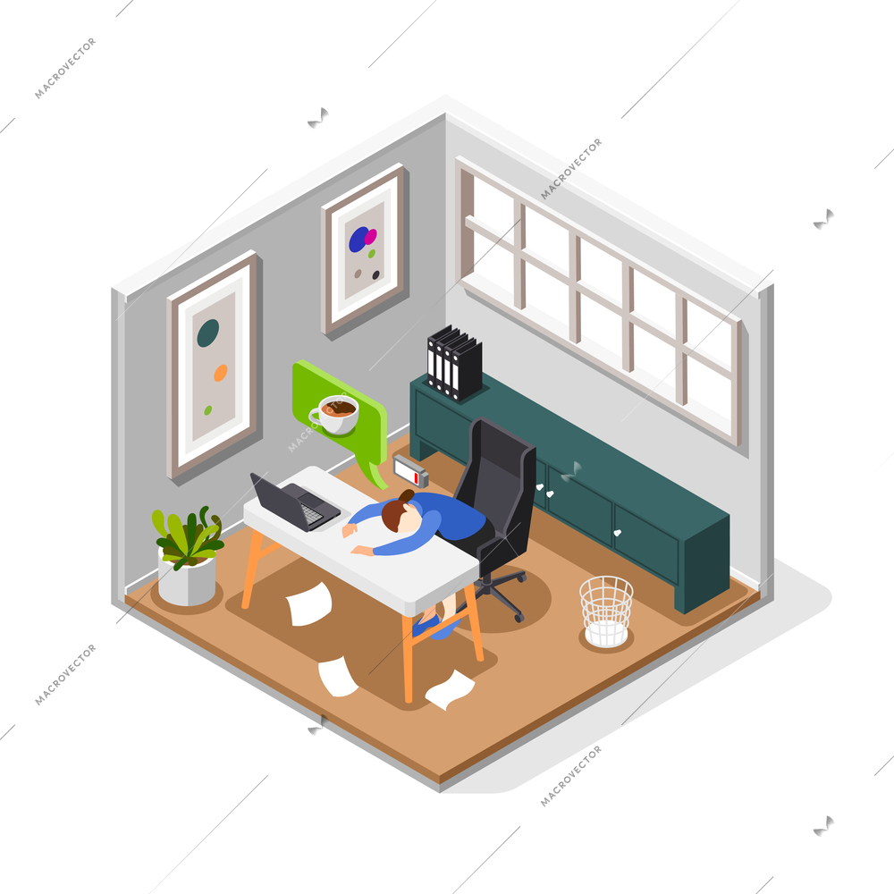 Burnout syndrome isometric composition with tired woman sleeping on desk and dreaming about cup of coffee vector illustration