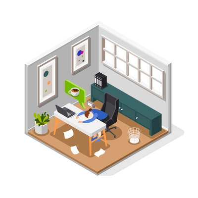 Burnout syndrome isometric composition with tired woman sleeping on desk and dreaming about cup of coffee vector illustration