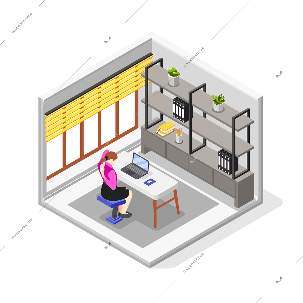 Female employee sitting at desk with laptop relaxing at workplace isometric composition vector illustration