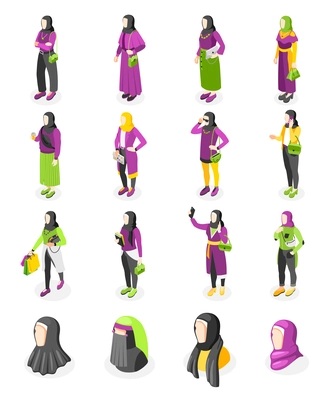 Modern young muslim women wearing trendy clothes and hijab isometric icons set isolated vector illustration