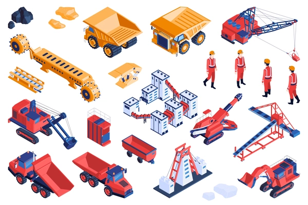 Mine industry ore crushing extraction equipment transportation machinery processing facility miners big colorful isometric set vector illustration