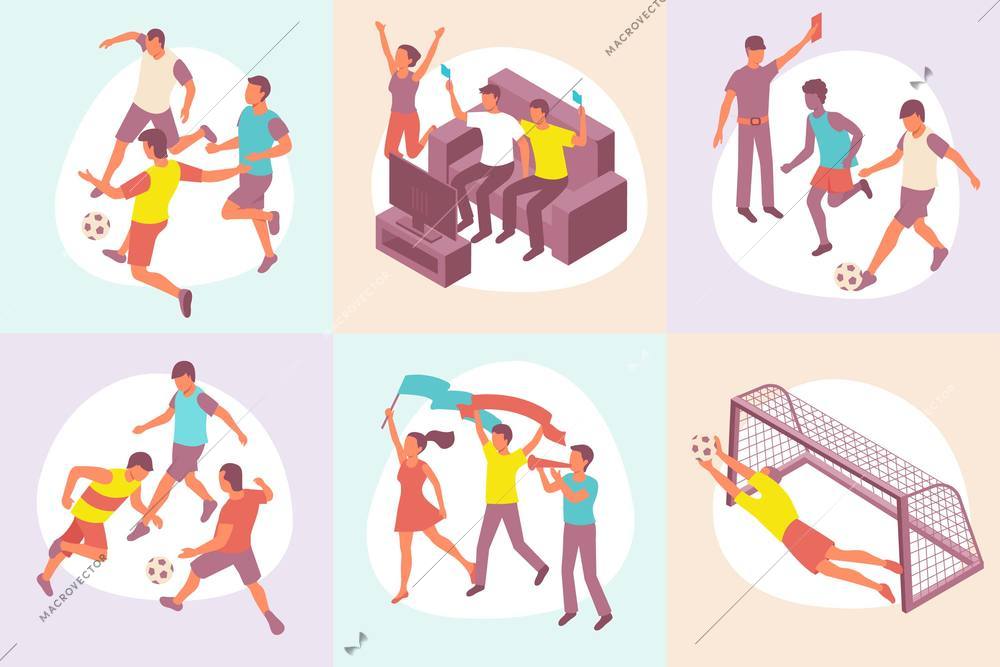 Set of isometric compositions on theme of football and fans with flags and on the couch vector illustration