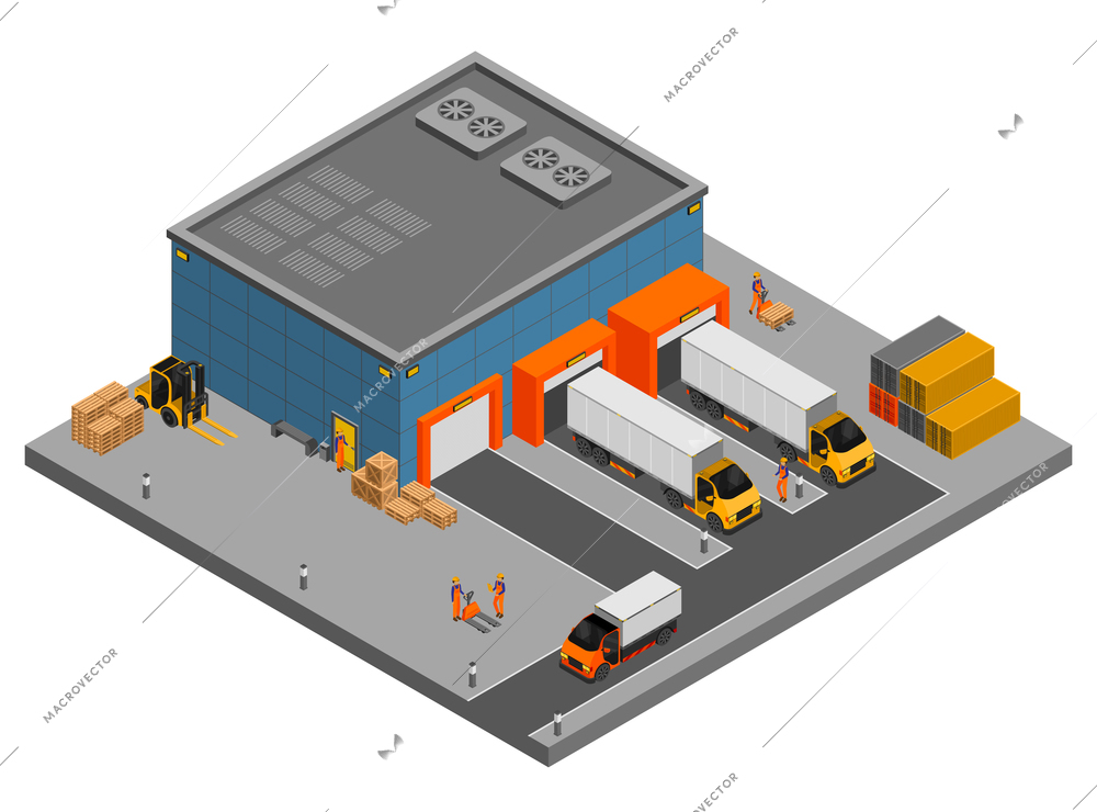 Warehouse isometric composition with view of building and gates with trucks boxes and containers with workers vector illustration