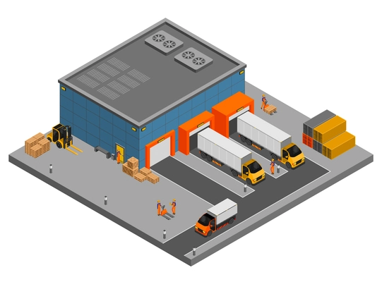 Warehouse isometric composition with view of building and gates with trucks boxes and containers with workers vector illustration