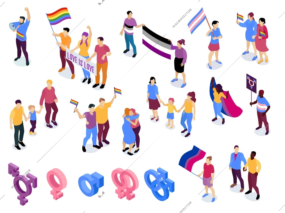 LGBT homosexual love symbols gay lesbian couples parents rights awareness day  rainbow flags isometric set vector illustration