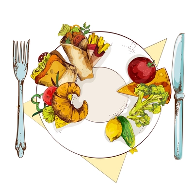 Healthy vegetables and unhealthy sandwich french fries croissant and roll on food plate with knife and fork sketch vector illustration