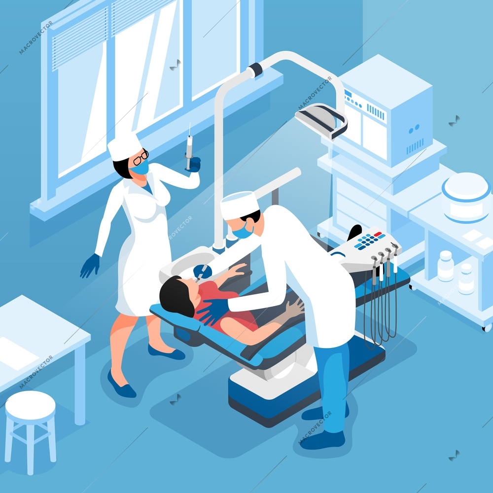 Dentist isometric background with patient in medical armchair and working dentist and assist vector illustration