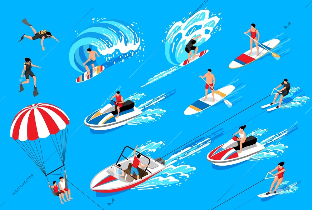 Water sport isometric icons set on blue background illustrating swimming water skiing surfing canoeing isolated vector illustration