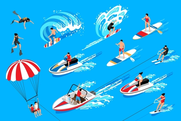 Water sport isometric icons set on blue background illustrating swimming water skiing surfing canoeing isolated vector illustration