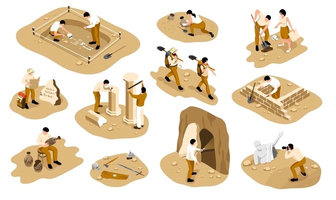 Archaeology isometric set of isolated compositions with people engaged in excavations of archaeological ancient finds vector illustration