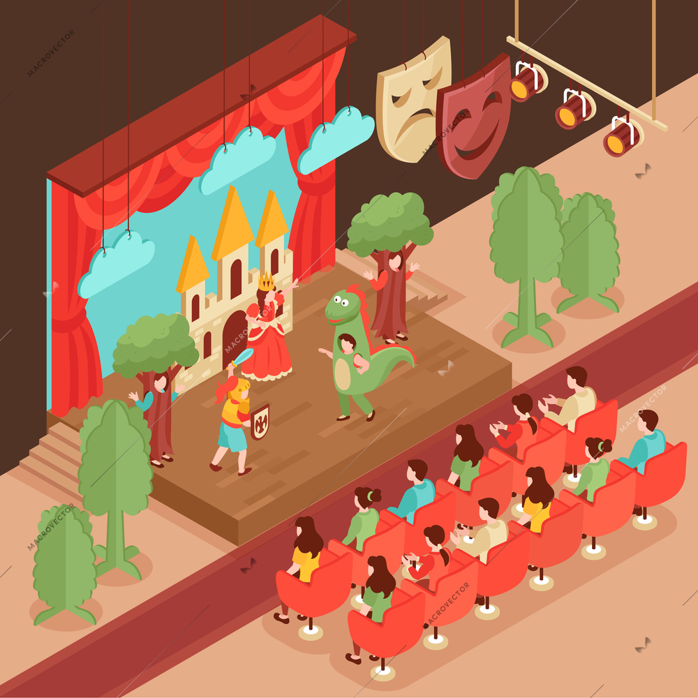 Children wearing costumes of dragon knight princess trees acting in play on stage in front of audience 3d isometric vector illustration