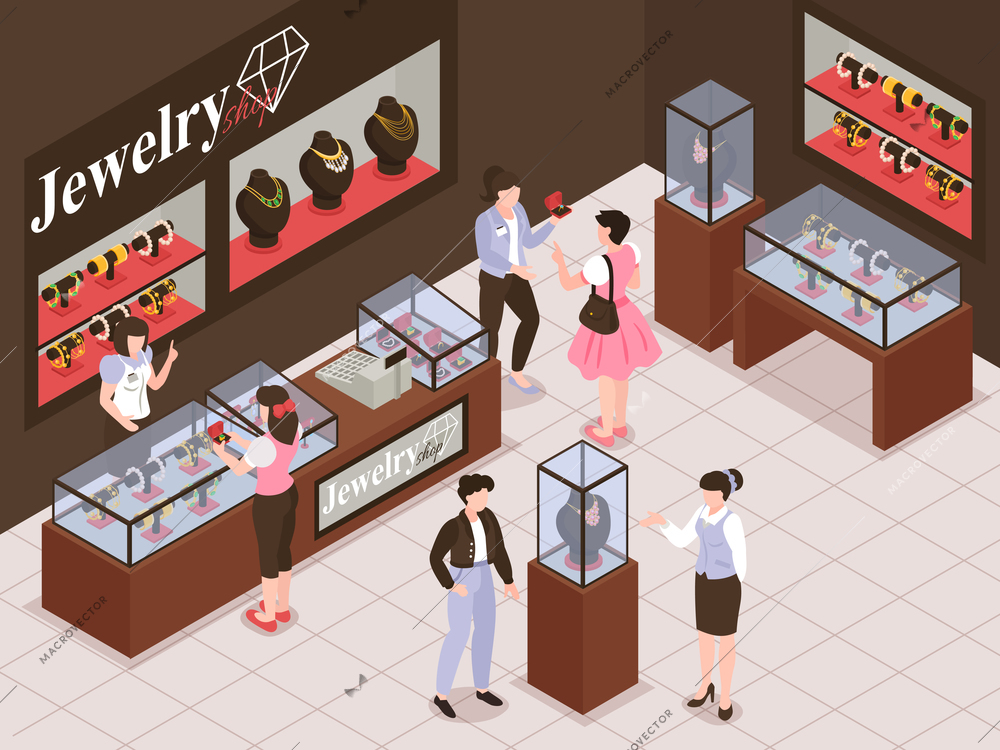 Jewelry shop interior with jewels display and sellers communicating with customers 3d isometric vector illustration