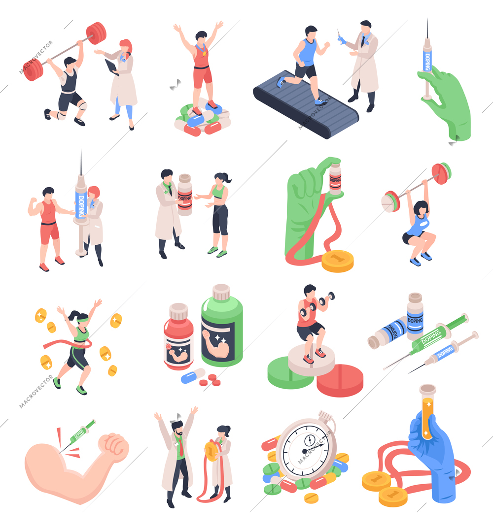 Sports doping isometric icons set with anabolic steroids awards champions sportsmen isolated on white background 3d vector illustration