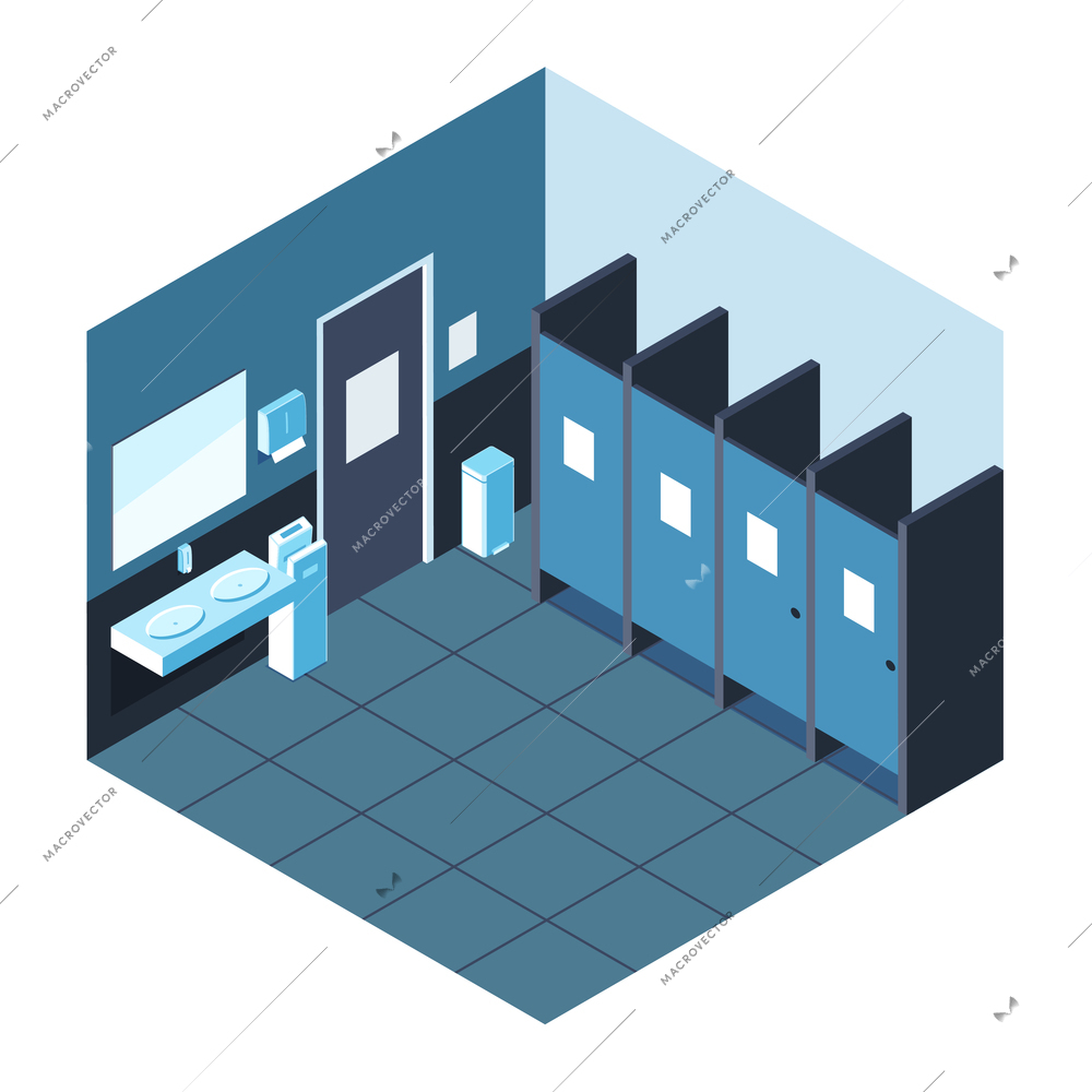 Public toilet interior isometric vector illustration with cubicles and sinks with mirror and dispensers for paper towel and soap