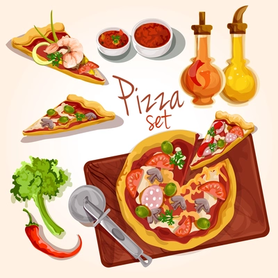 Fresh tasty italian food pizza set with plate ingredients seasoning isolated vector illustration