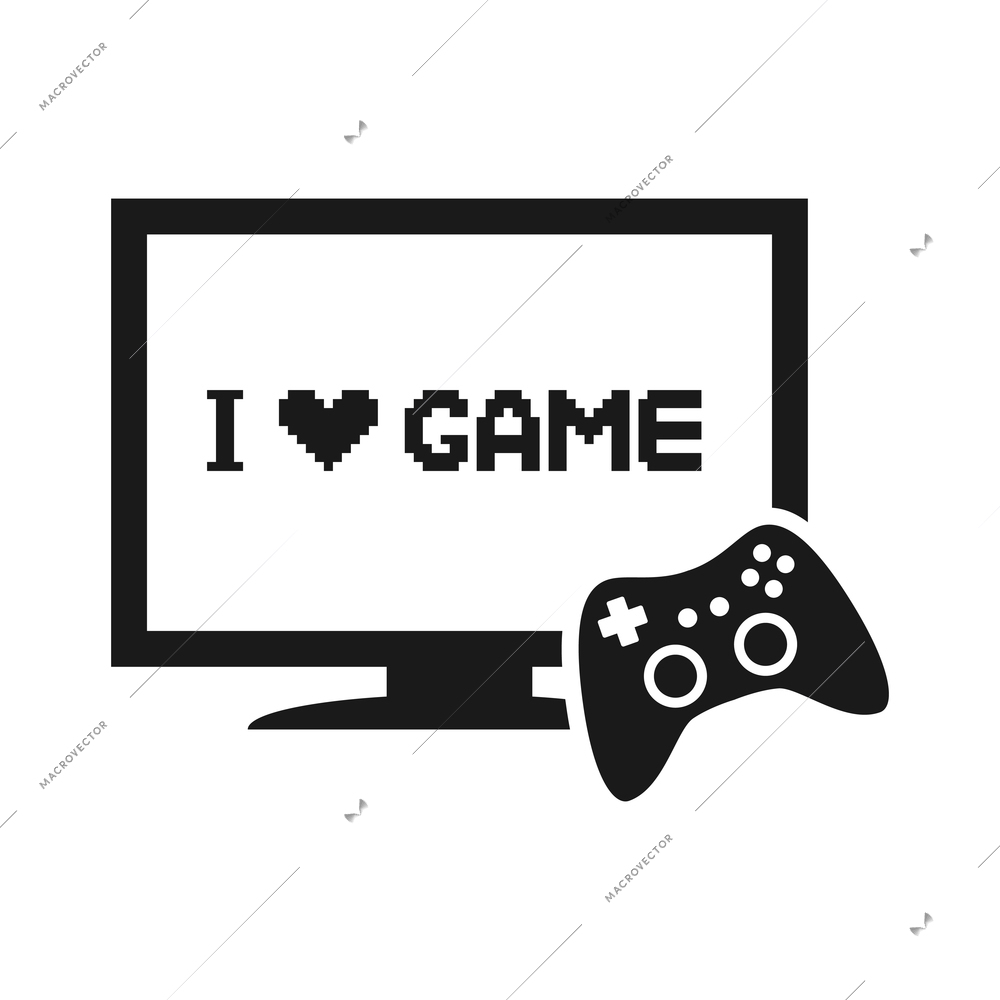 Video game flat composition with console gaming controller monochrome icon on blank background isolated vector illustration