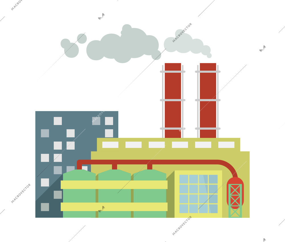 Building industry composition with view of industrial factory power plant buildings on blank background vector illustration