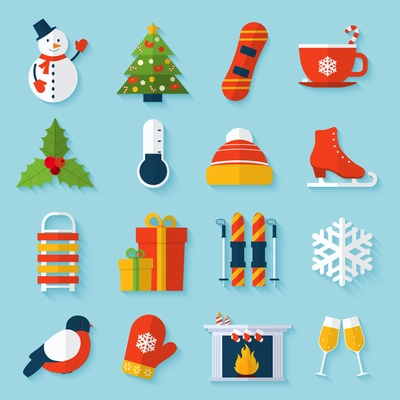 Winter stickers set with snowman christmas tree snowboard cup isolated vector illustration.