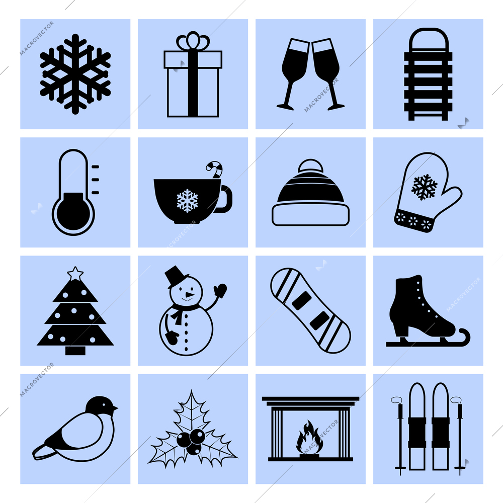 Winter icons black and white set with snowflake gift champaign sledge isolated vector illustration