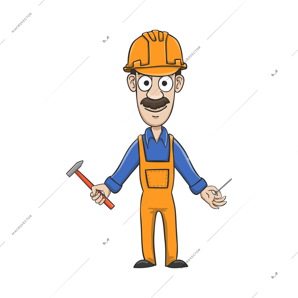 Tools composition with isolated cartoon style character of male builder on blank background vector illustration