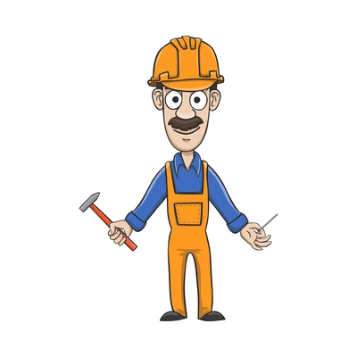 Tools composition with isolated cartoon style character of male builder on blank background vector illustration