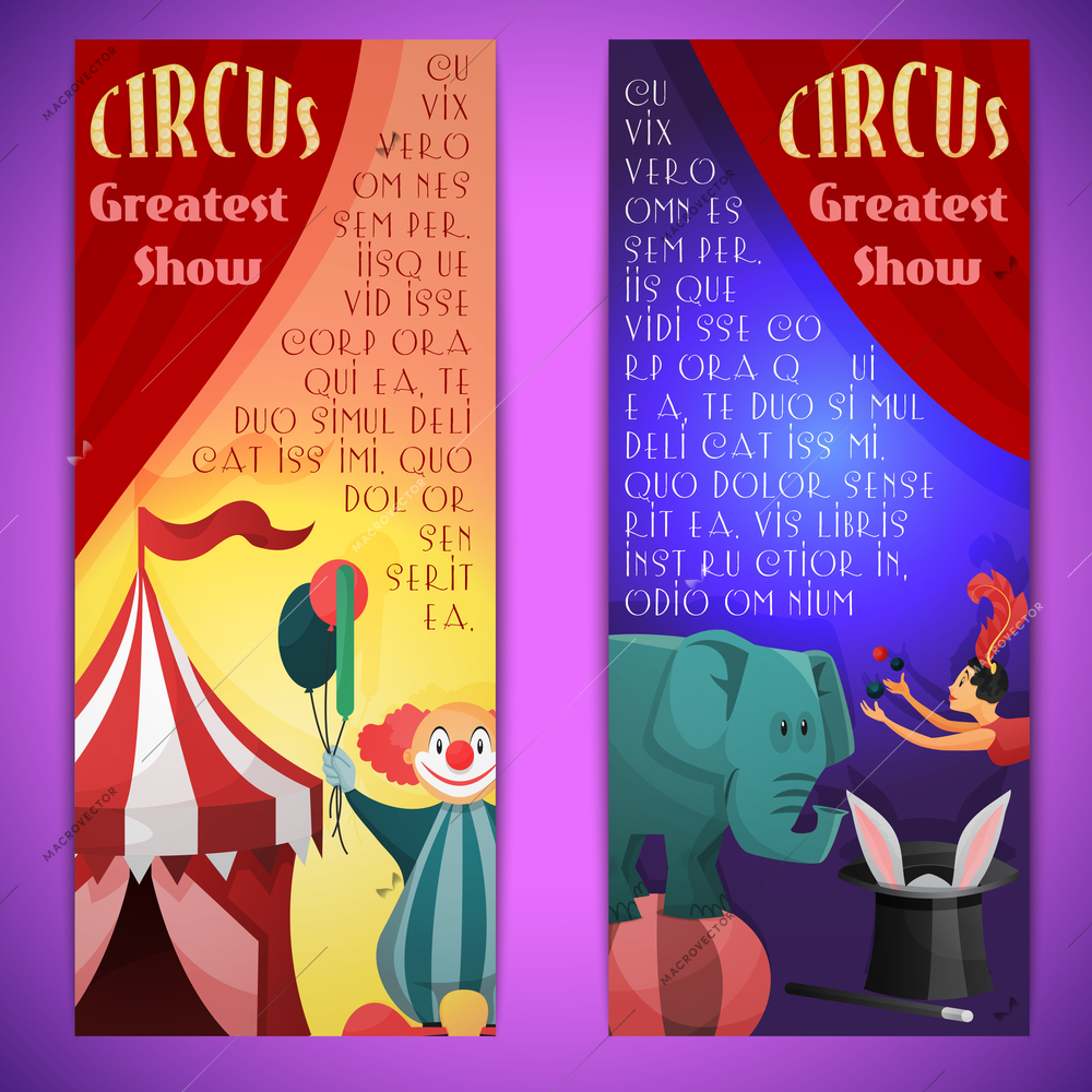 Circus greatest show vertical banner set with clown elephants juggler isolated vector illustration