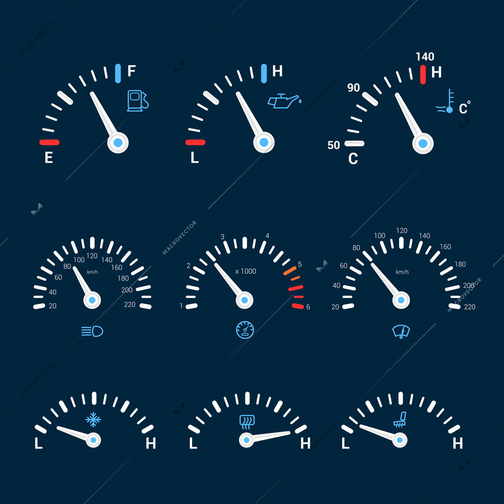 Speedometer gauge timer gas control measure interface icons set isolated vector illustration