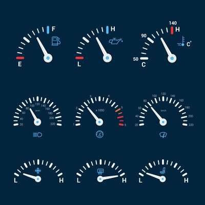 Speedometer gauge timer gas control measure interface icons set isolated vector illustration